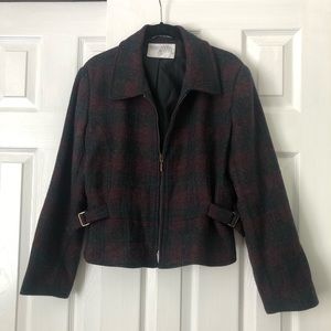 Vintage International Scene Wool Plaid Zip Front Moto Jacket Red Grey 12